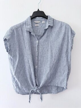 Weatherproof Vintage Womens L Linen Blend Tie Front Button Shirt Blue Stripe
